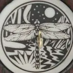 two inch dragonfly walnut whorl ringspindle close up view of dragonfly in front of water and night sky