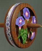 Morning glory walnut whorl handcarved and handpainted Ringspindle