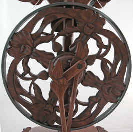 Walnut triple flyer butterfly and irises spinning wheel detail