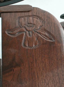 Walnut triple flyer butterfly and irises spinning wheel treadle detail