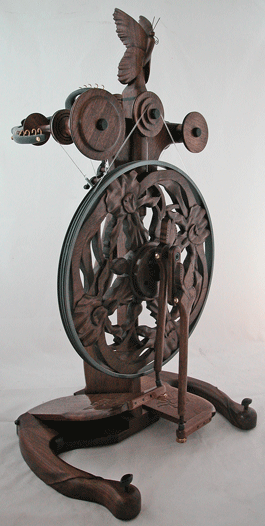 Walnut triple flyer butterfly and irises spinning wheel