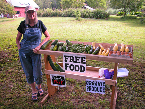 Diane standing next to a free food vegetable and egg stand